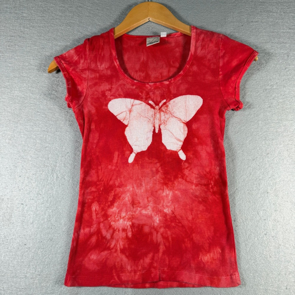 Billabong Vintage Red Tie Dye Butterfly Ribbed Baby Tee Top Small Made in USA